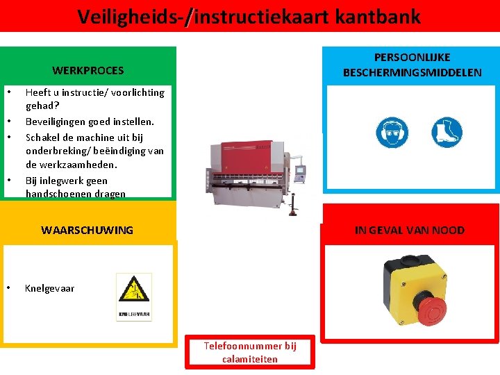 Veiligheids-/instructiekaart kantbank PERSOONLIJKE BESCHERMINGSMIDDELEN WERKPROCES • • Heeft u instructie/ voorlichting gehad? Beveiligingen goed