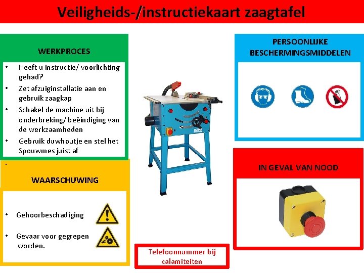 Veiligheids-/instructiekaart zaagtafel PERSOONLIJKE BESCHERMINGSMIDDELEN WERKPROCES • • Heeft u instructie/ voorlichting gehad? Zet afzuiginstallatie
