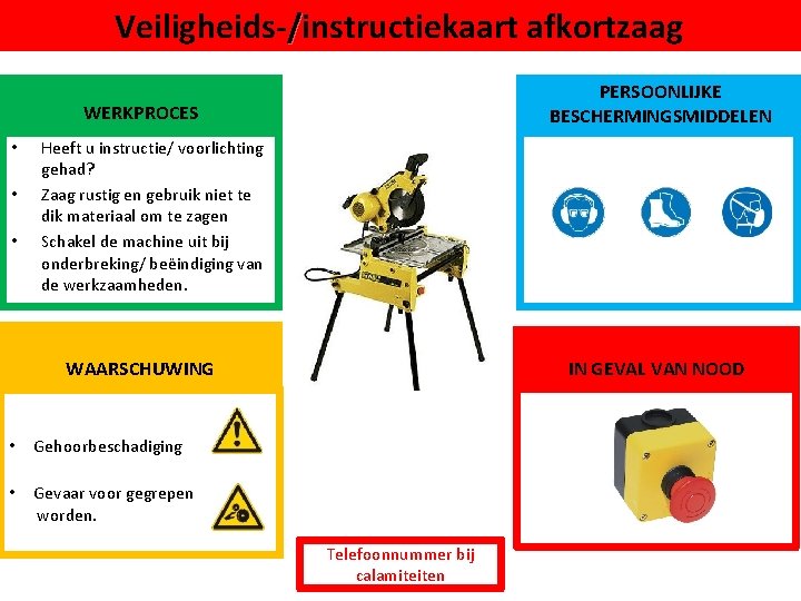 Veiligheids-/instructiekaart afkortzaag PERSOONLIJKE BESCHERMINGSMIDDELEN WERKPROCES • • • Heeft u instructie/ voorlichting gehad? Zaag