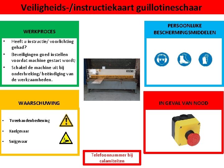 Veiligheids-/instructiekaart guillotineschaar PERSOONLIJKE BESCHERMINGSMIDDELEN WERKPROCES • • • Heeft u instructie/ voorlichting gehad? Beveiligingen