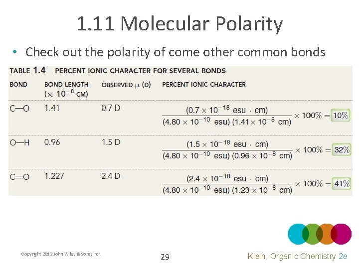 1. 11 Molecular Polarity • Check out the polarity of come other common bonds