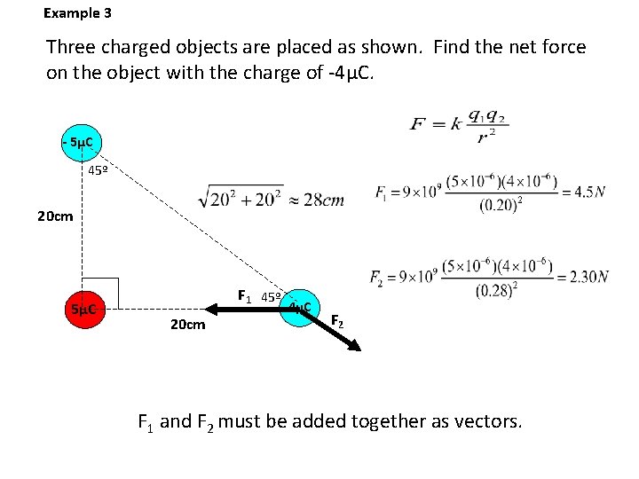 Example 3 Three charged objects are placed as shown. Find the net force on