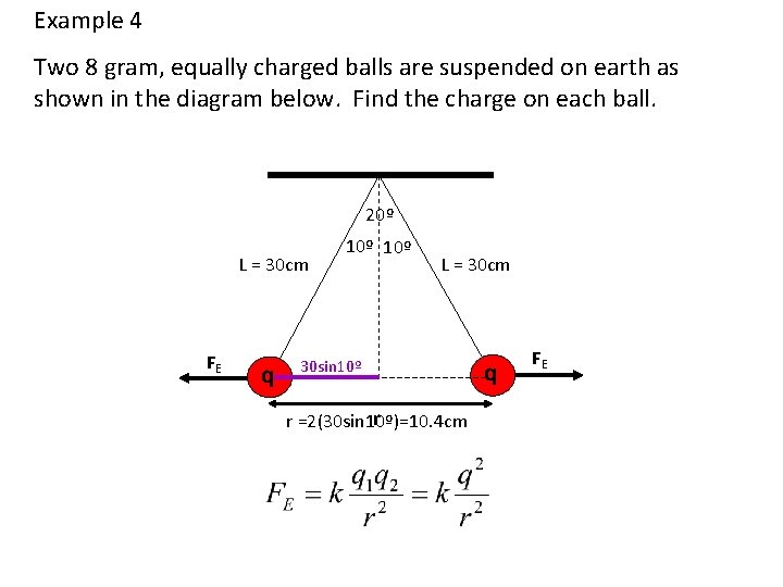 Example 4 Two 8 gram, equally charged balls are suspended on earth as shown
