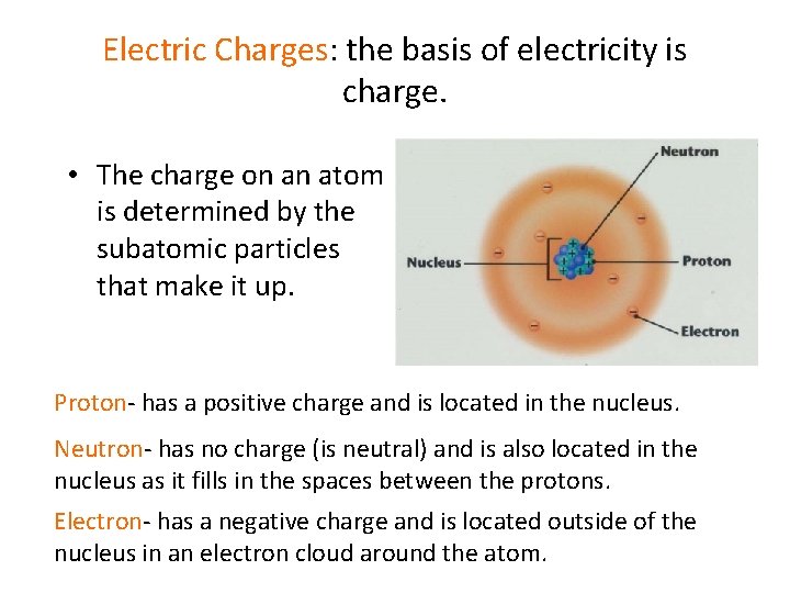 Electric Charges: the basis of electricity is charge. • The charge on an atom