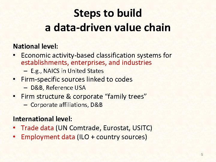 Steps to build a data-driven value chain National level: • Economic activity-based classification systems