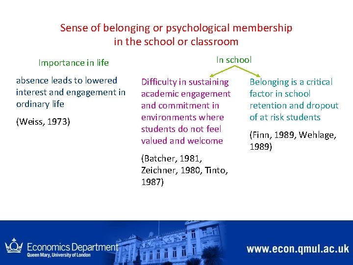 Sense of belonging or psychological membership in the school or classroom Importance in life