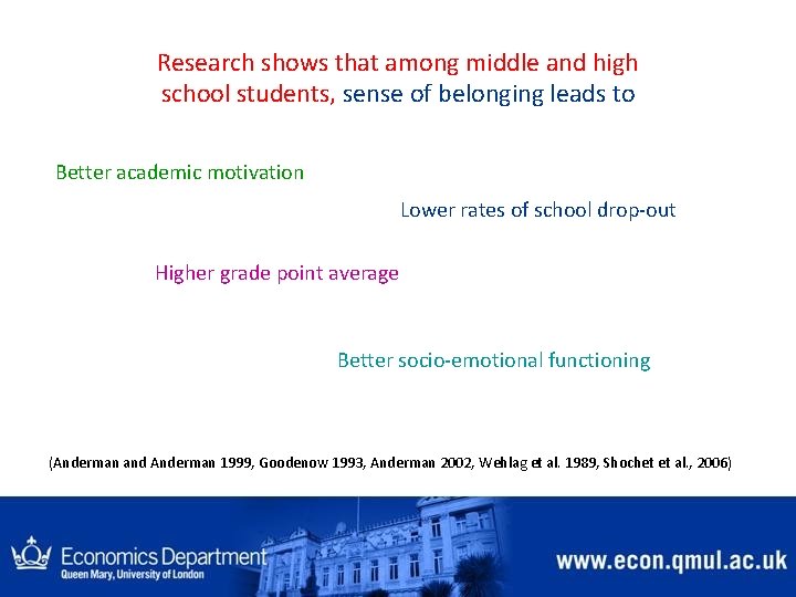 Research shows that among middle and high school students, sense of belonging leads to