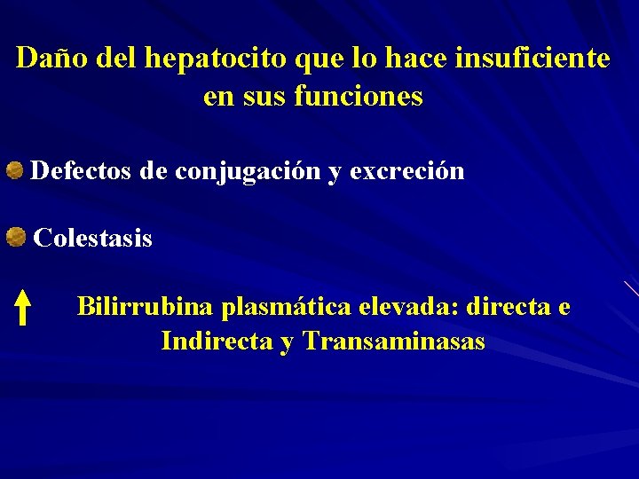 Daño del hepatocito que lo hace insuficiente en sus funciones Defectos de conjugación y