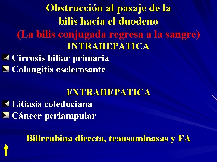 Obstrucción al pasaje de la bilis hacia el duodeno (La bilis conjugada regresa a