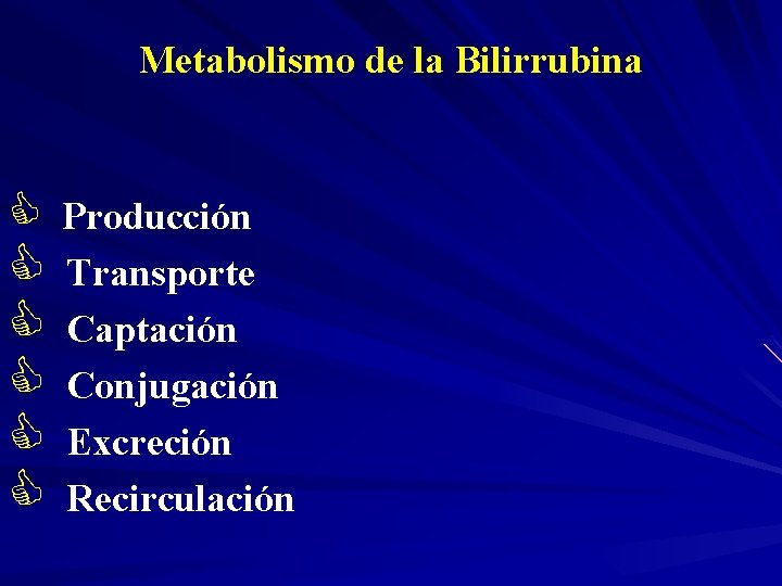 Metabolismo de la Bilirrubina C C C Producción Transporte Captación Conjugación Excreción Recirculación 