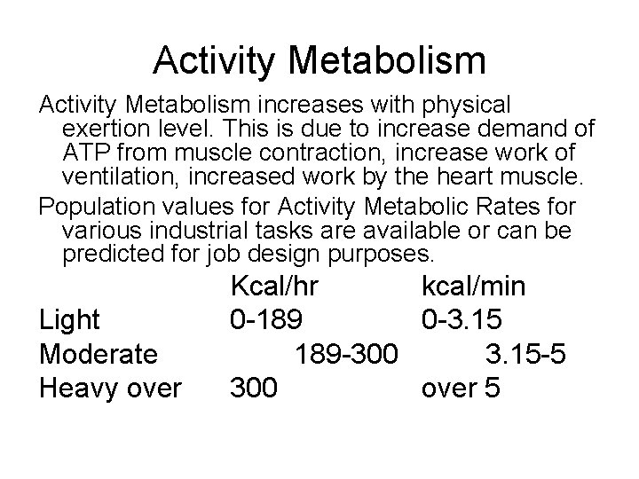 Activity Metabolism increases with physical exertion level. This is due to increase demand of