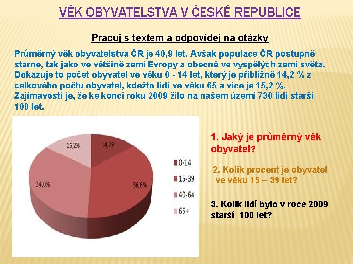 VĚK OBYVATELSTVA V ČESKÉ REPUBLICE Pracuj s textem a odpovídej na otázky Průměrný věk