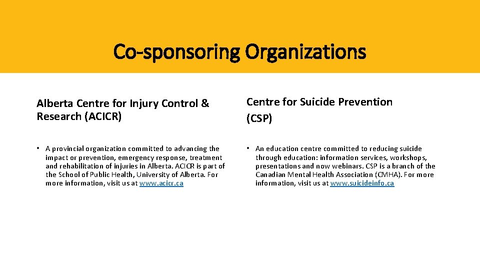 Co-sponsoring Organizations Alberta Centre for Injury Control & Research (ACICR) Centre for Suicide Prevention