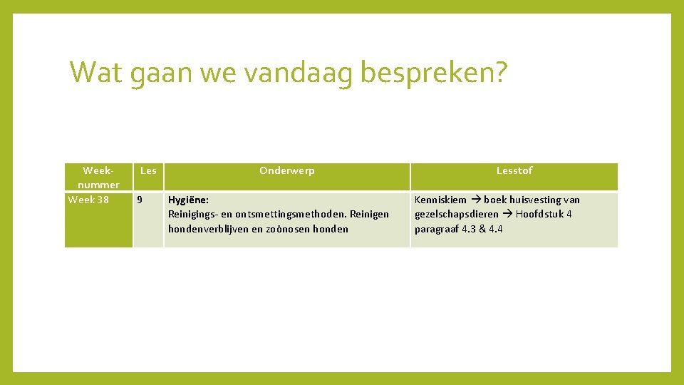 Wat gaan we vandaag bespreken? Weeknummer Week 38 Les 9 Onderwerp Hygiëne: Reinigings- en