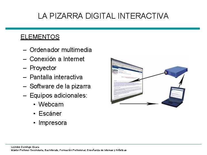 LA PIZARRA DIGITAL INTERACTIVA ELEMENTOS – – – Ordenador multimedia Conexión a Internet Proyector