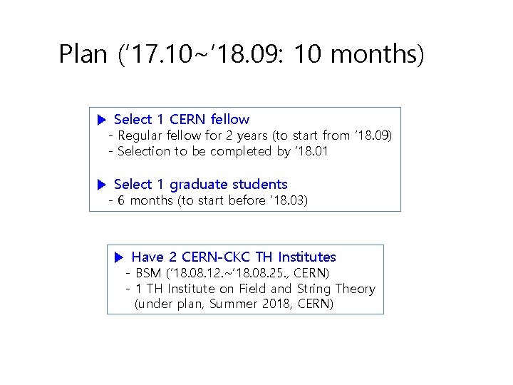 Plan (‘ 17. 10~’ 18. 09: 10 months) ▶ Select 1 CERN fellow -