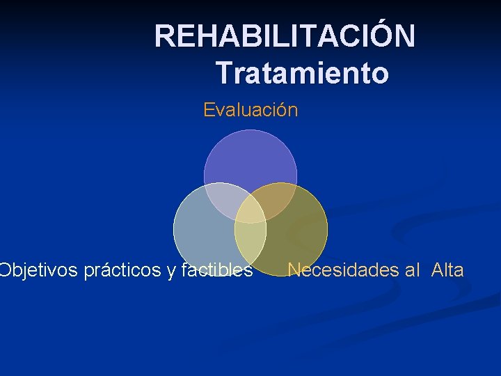 REHABILITACIÓN Tratamiento Evaluación Objetivos prácticos y factibles Necesidades al Alta 