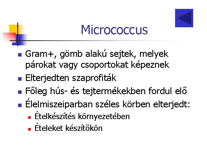 Micrococcus n n Gram+, gömb alakú sejtek, melyek párokat vagy csoportokat képeznek Elterjedten szaprofiták