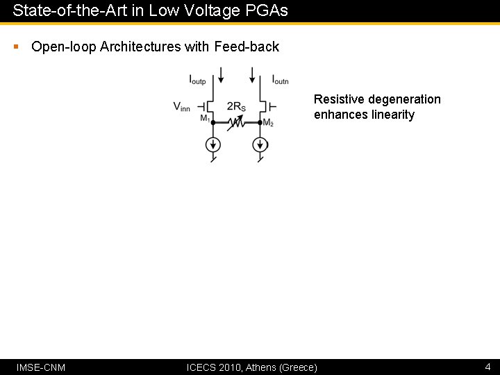 State-of-the-Art in Low Voltage PGAs § Open-loop Architectures with Feed-back Resistive degeneration enhances linearity