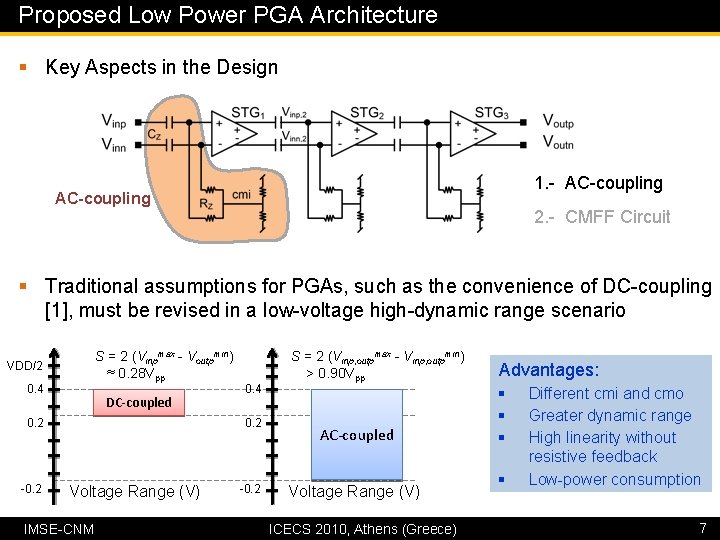 Proposed Low Power PGA Architecture § Key Aspects in the Design 1. - AC-coupling