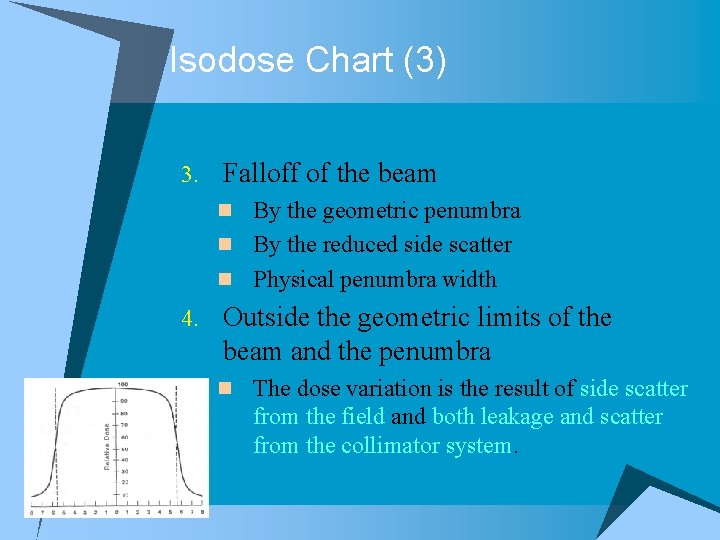 Isodose Chart (3) 3. Falloff of the beam n By the geometric penumbra n