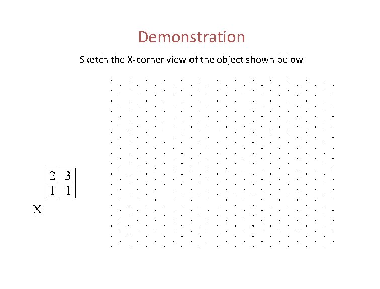 Demonstration Sketch the X-corner view of the object shown below 2 3 1 1 Demonstration Sketch the X-corner view of the object shown below 2 3 1 1