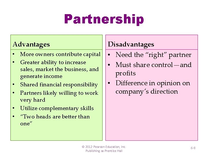 Partnership Advantages Disadvantages • More owners contribute capital • Greater ability to increase sales,