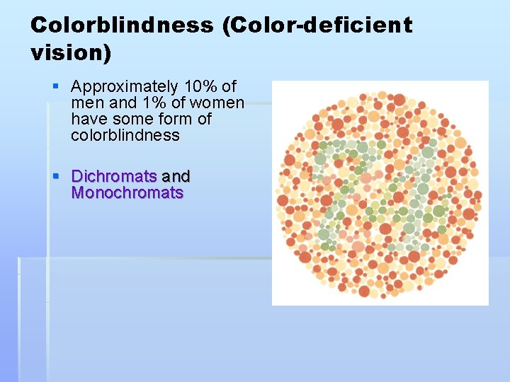 Colorblindness (Color-deficient vision) § Approximately 10% of men and 1% of women have some