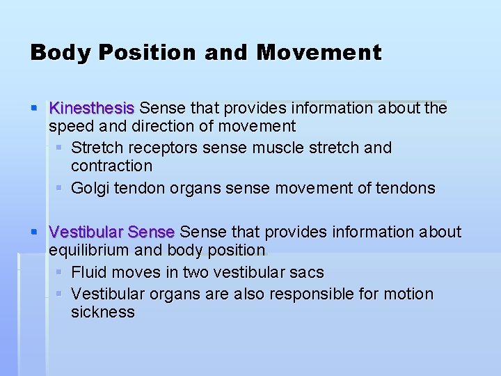 Body Position and Movement § Kinesthesis Sense that provides information about the speed and