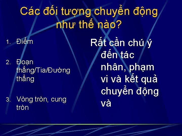 Các đối tượng chuyển động như thế nào? 1. Điểm 2. Đoạn thẳng/Tia/Đường thẳng