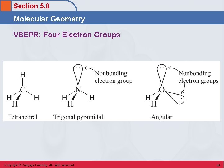 Section 5. 8 Molecular Geometry VSEPR: Four Electron Groups Copyright © Cengage Learning. All