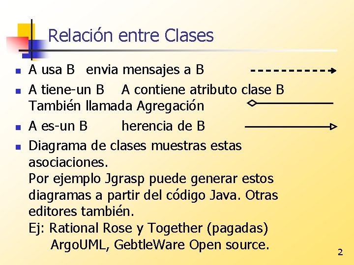 Relación entre Clases n n A usa B envia mensajes a B A tiene-un