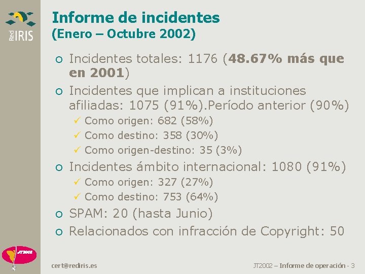 Informe de incidentes (Enero – Octubre 2002) o Incidentes totales: 1176 (48. 67% más