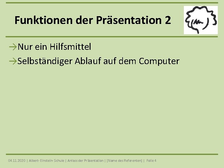 Funktionen der Präsentation 2 →Nur ein Hilfsmittel →Selbständiger Ablauf dem Computer 04. 11. 2020