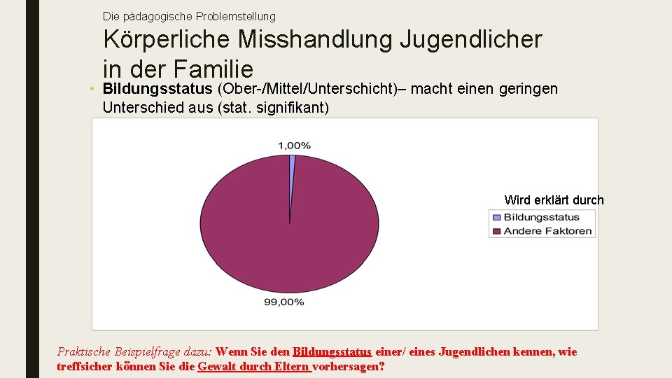 Die pädagogische Problemstellung Körperliche Misshandlung Jugendlicher in der Familie • Bildungsstatus (Ober-/Mittel/Unterschicht)– macht einen