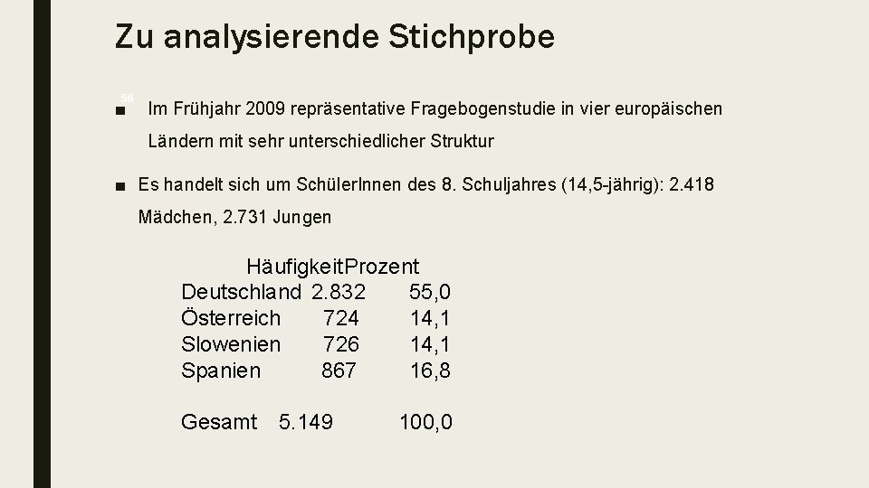 Zu analysierende Stichprobe 56 ■ Im Frühjahr 2009 repräsentative Fragebogenstudie in vier europäischen Ländern