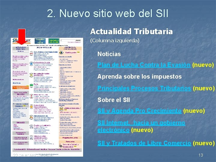 2. Nuevo sitio web del SII Actualidad Tributaria (Columna izquierda) Noticias Plan de Lucha