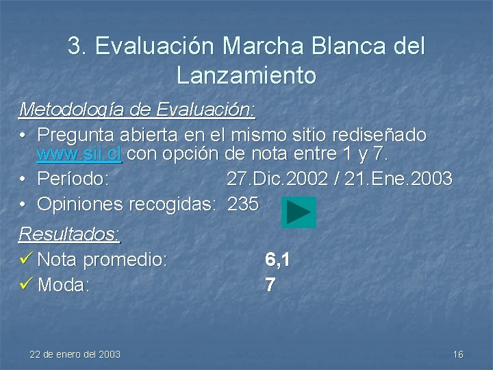3. Evaluación Marcha Blanca del Lanzamiento Metodología de Evaluación: • Pregunta abierta en el