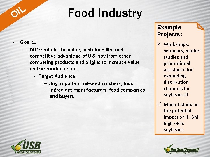 L I O Food Industry Example Projects: • Goal 1: – Differentiate the value,