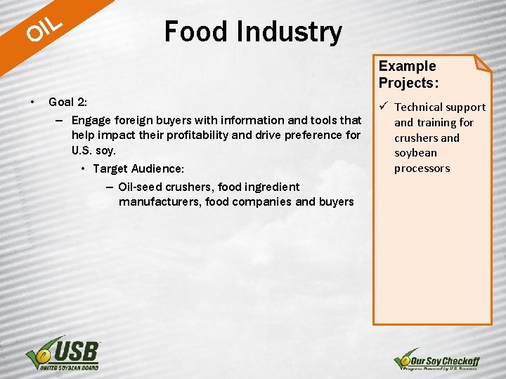 L I O Food Industry Example Projects: • Goal 2: – Engage foreign buyers