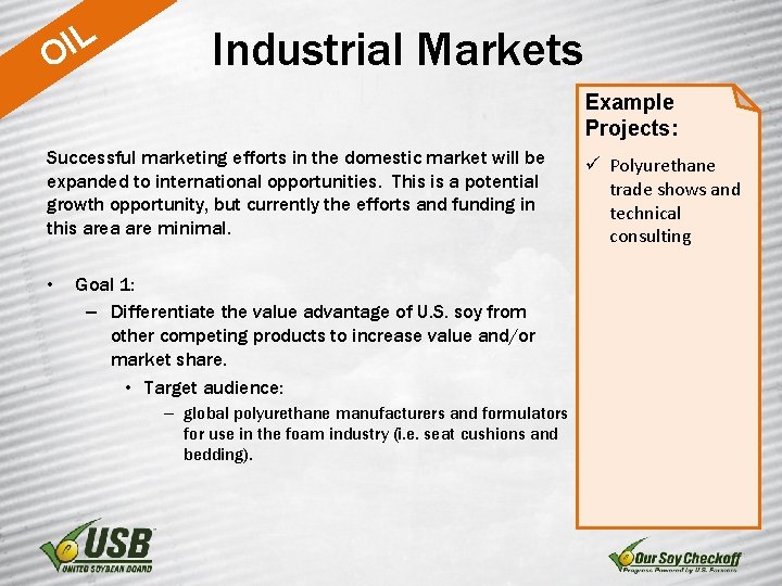 L I O Industrial Markets Example Projects: Successful marketing efforts in the domestic market