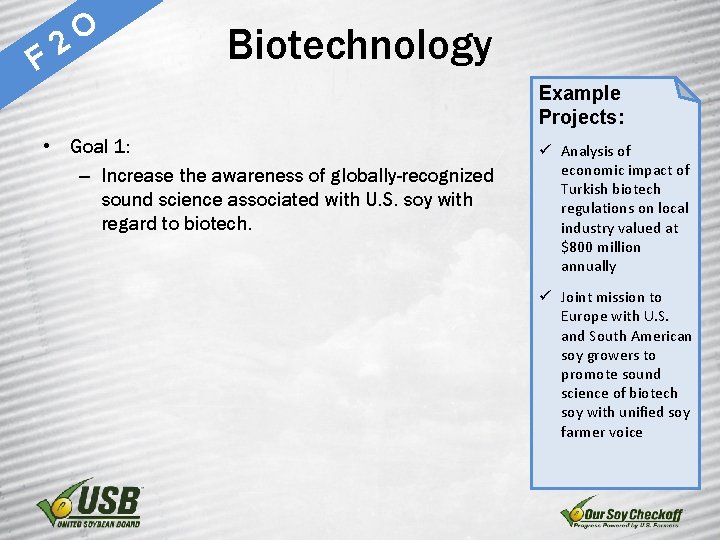 F O 2 Biotechnology Example Projects: • Goal 1: – Increase the awareness of