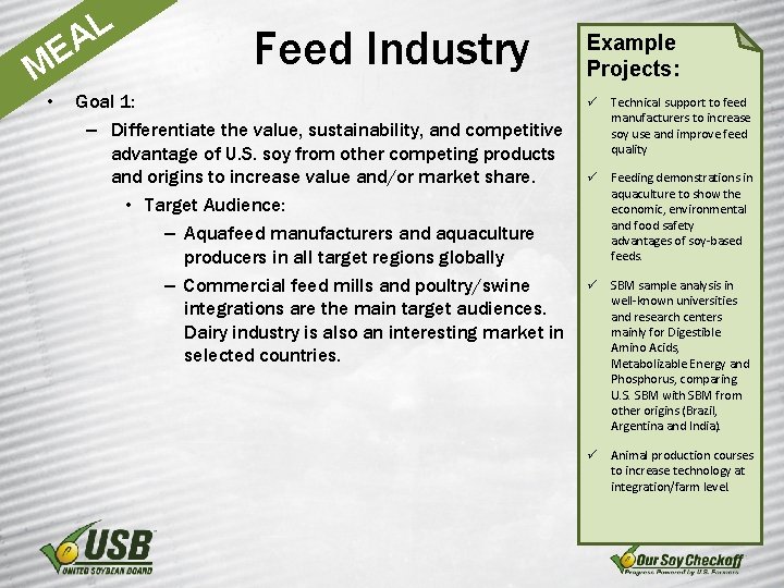 L EA M • Feed Industry Goal 1: – Differentiate the value, sustainability, and