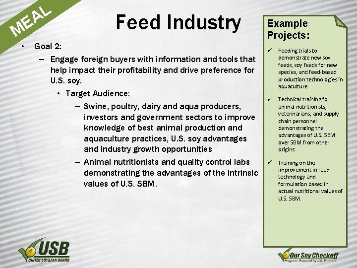 L EA M • Feed Industry Goal 2: – Engage foreign buyers with information