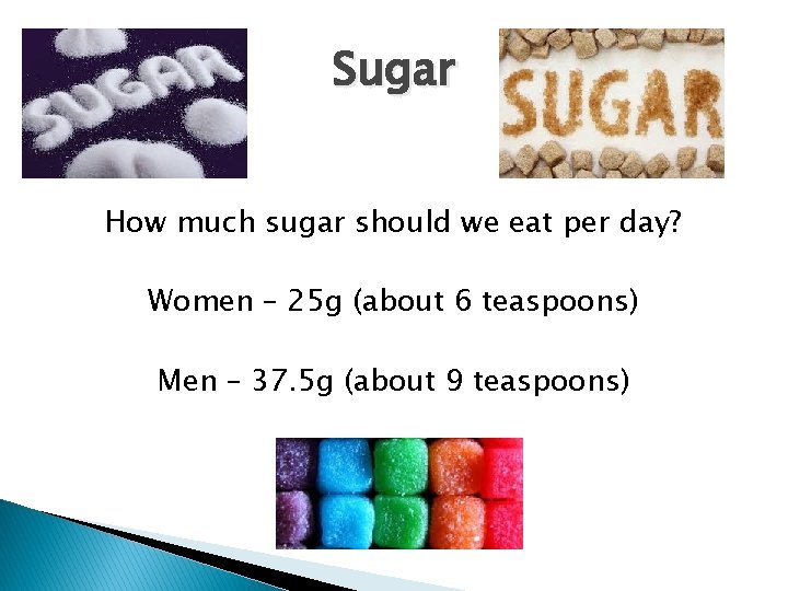 Sugar How much sugar should we eat per day? Women – 25 g (about