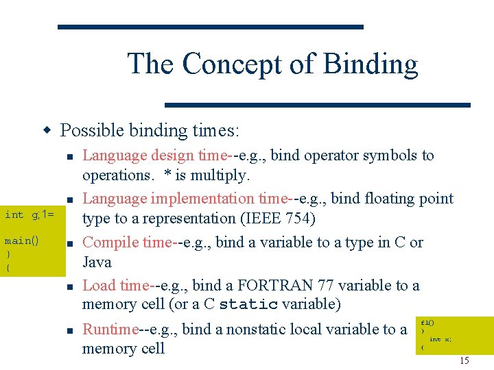 The Concept of Binding w Possible binding times: n n int g; 1= main()