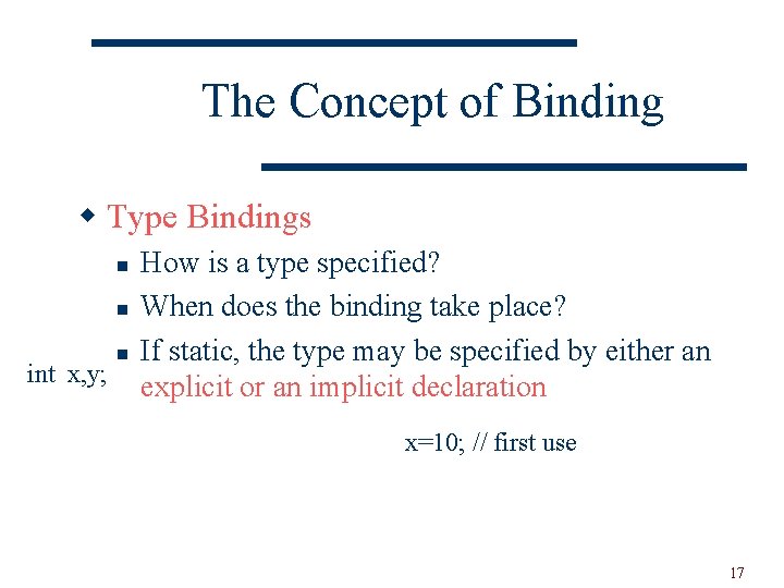 The Concept of Binding w Type Bindings n n int x, y; n How