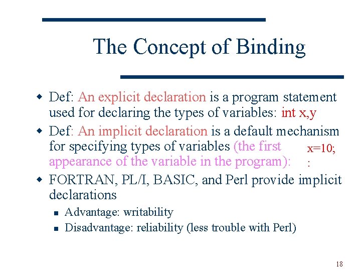 The Concept of Binding w Def: An explicit declaration is a program statement used