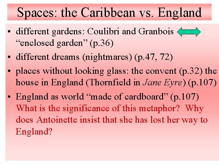 Spaces: the Caribbean vs. England • different gardens: Coulibri and Granbois “enclosed garden” (p.