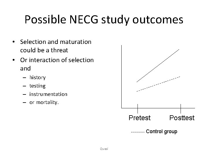 Possible NECG study outcomes • Selection and maturation could be a threat • Or